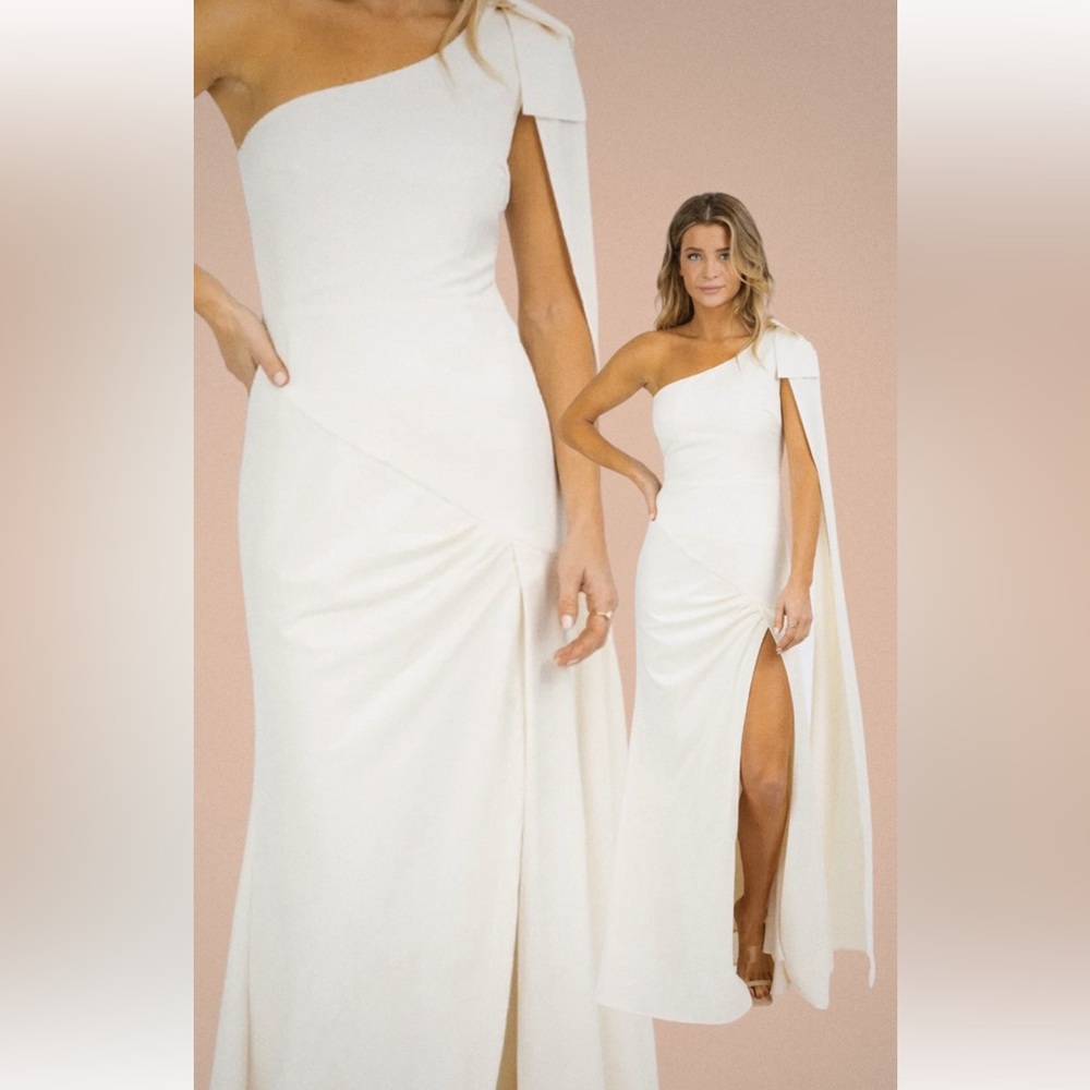 White maxi one shoulder bow dress
